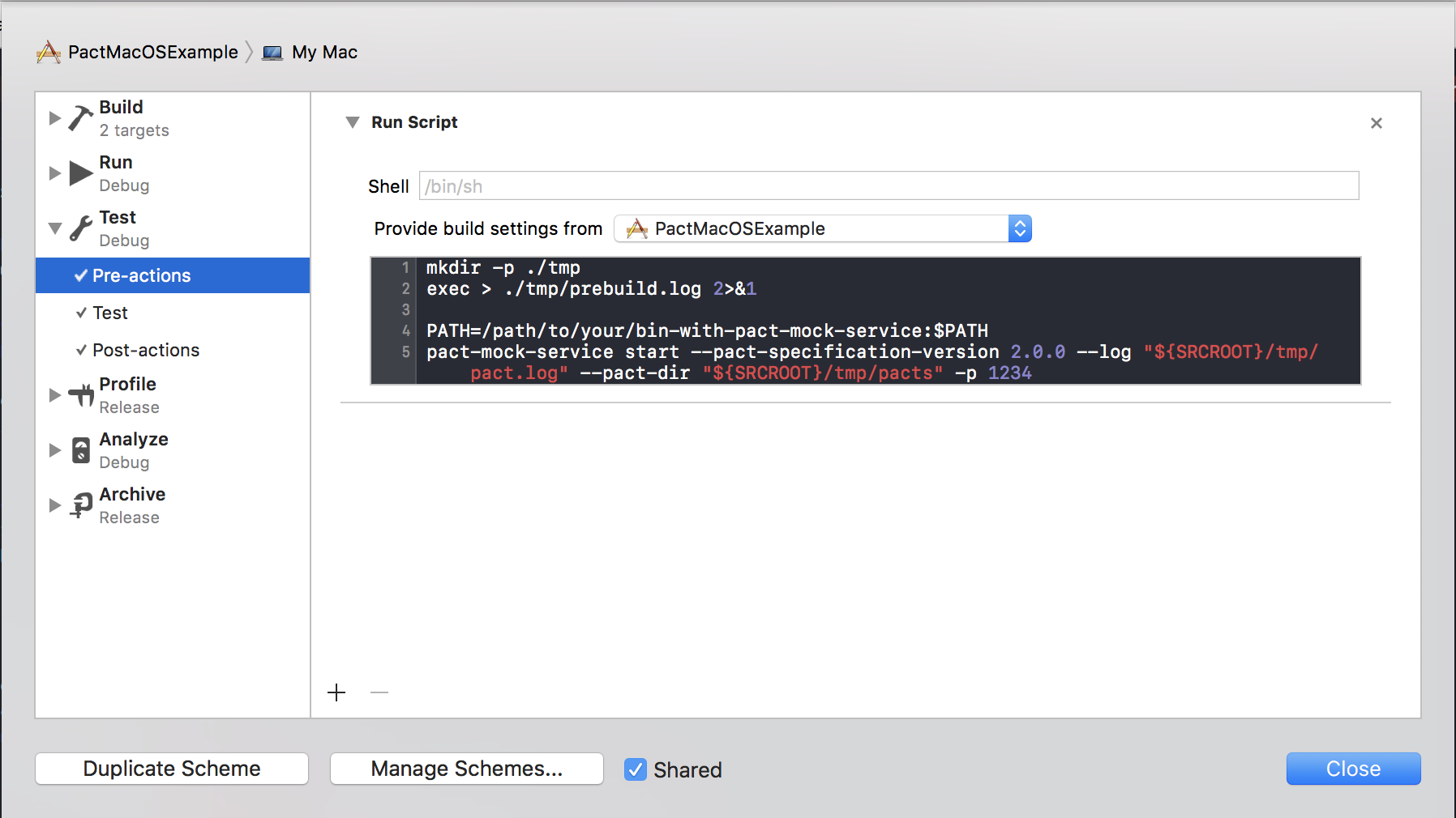 Xcode Scheme Test Pre-actions