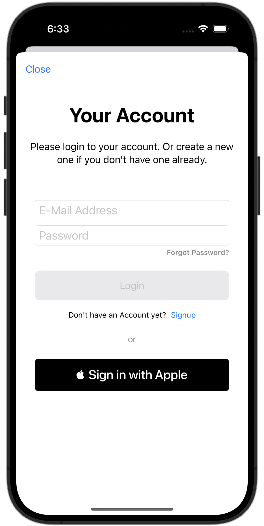 Screenshot displaying the account setup view with an email and password prompt and a Sign In with Apple button.