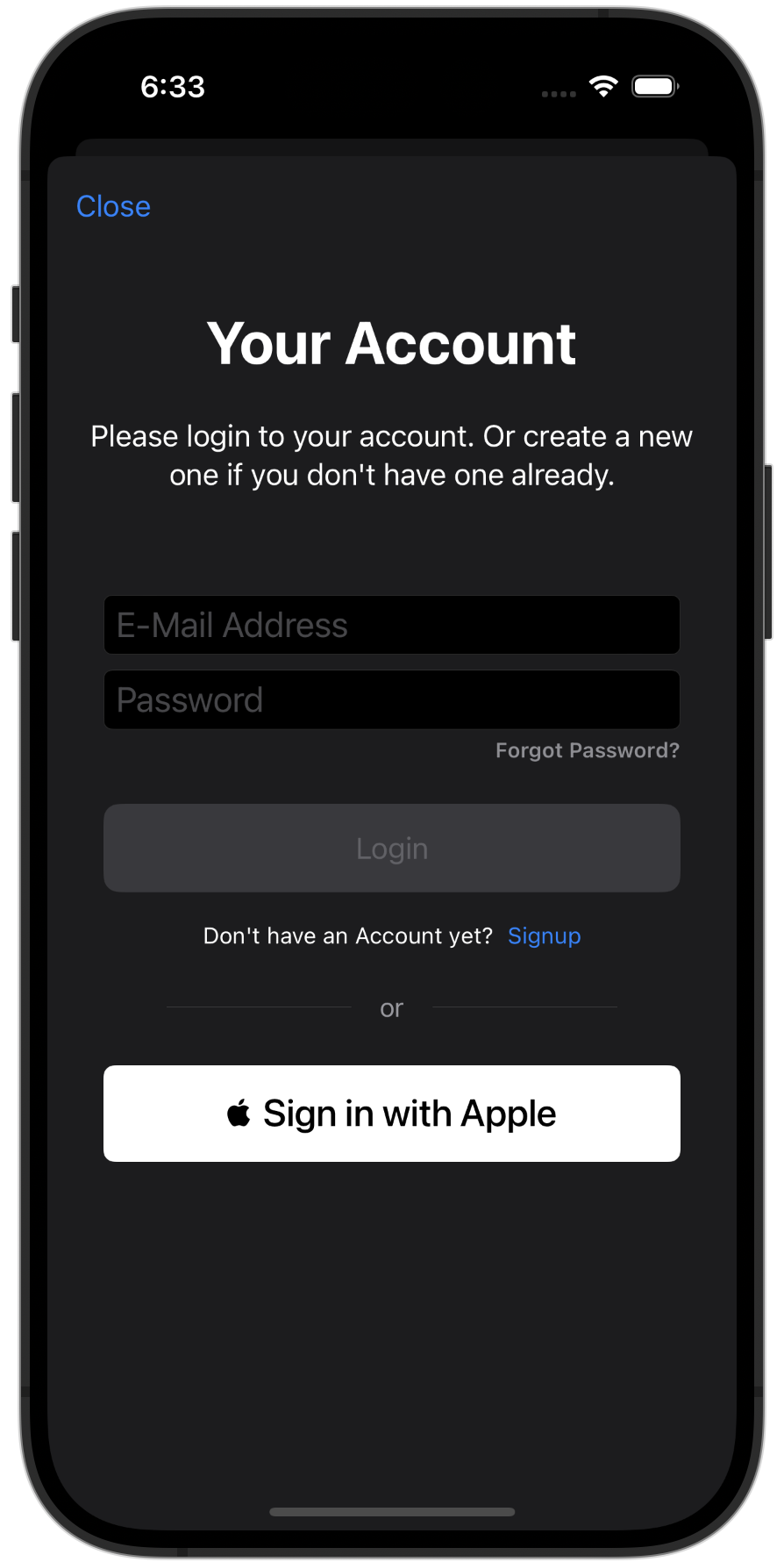 Screenshot displaying the account setup view with an email and password prompt and a Sign In with Apple button.