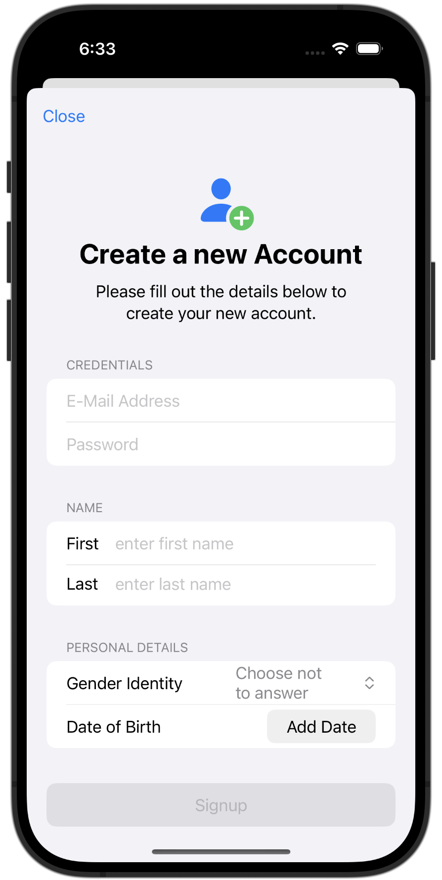 Screenshot displaying the Signup Form for Account setup.