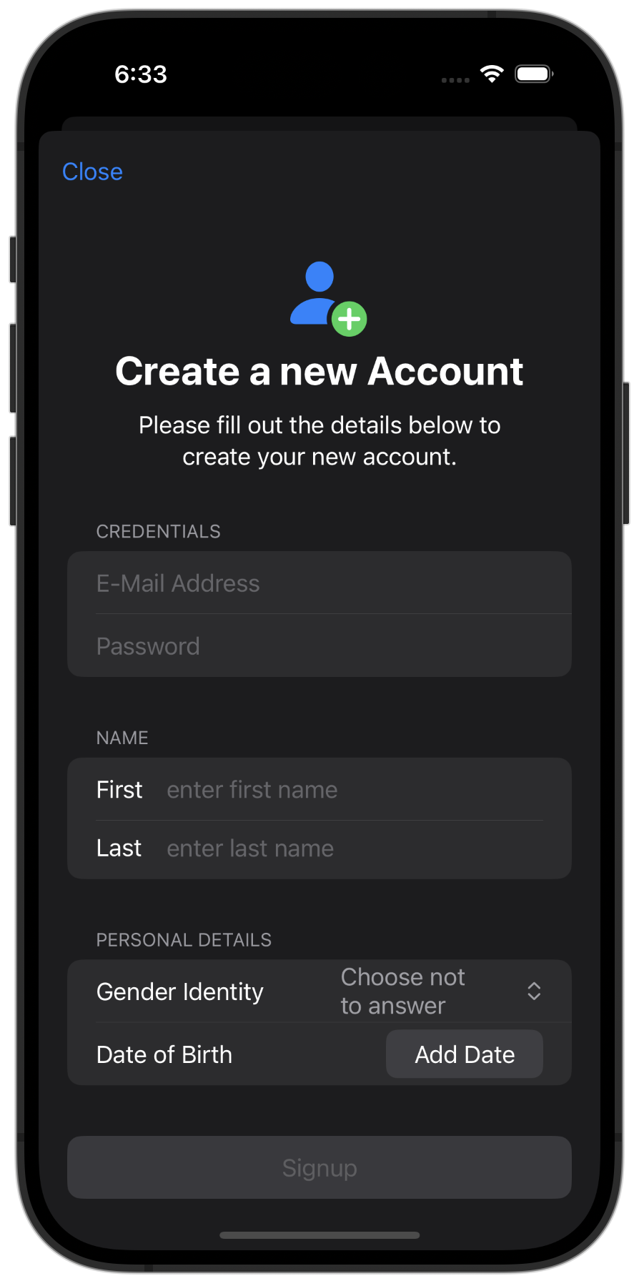 Screenshot displaying the Signup Form for Account setup.