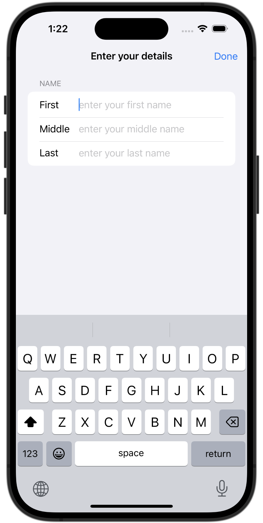 Three text fields to input your first, middle and last name.