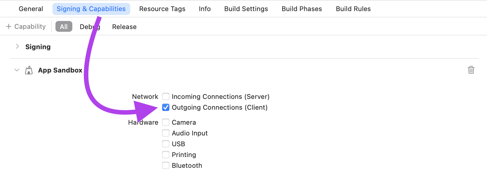 Xcode target view showing the Signing & Capabilities tab with and arrow pointing to a checked Outgoing Connections (Client) option