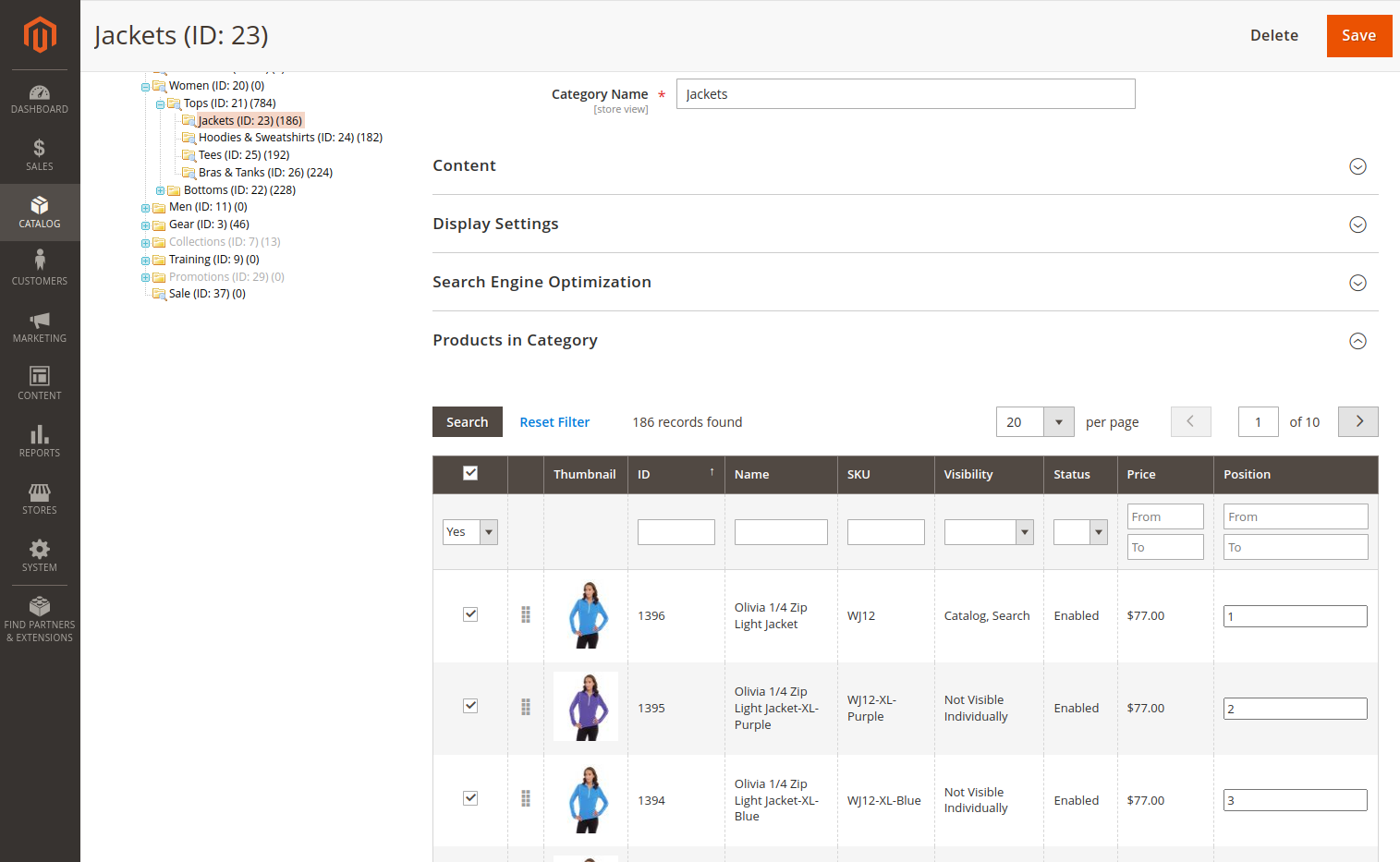 Category products grid with thumbnails and drag & drop position changing