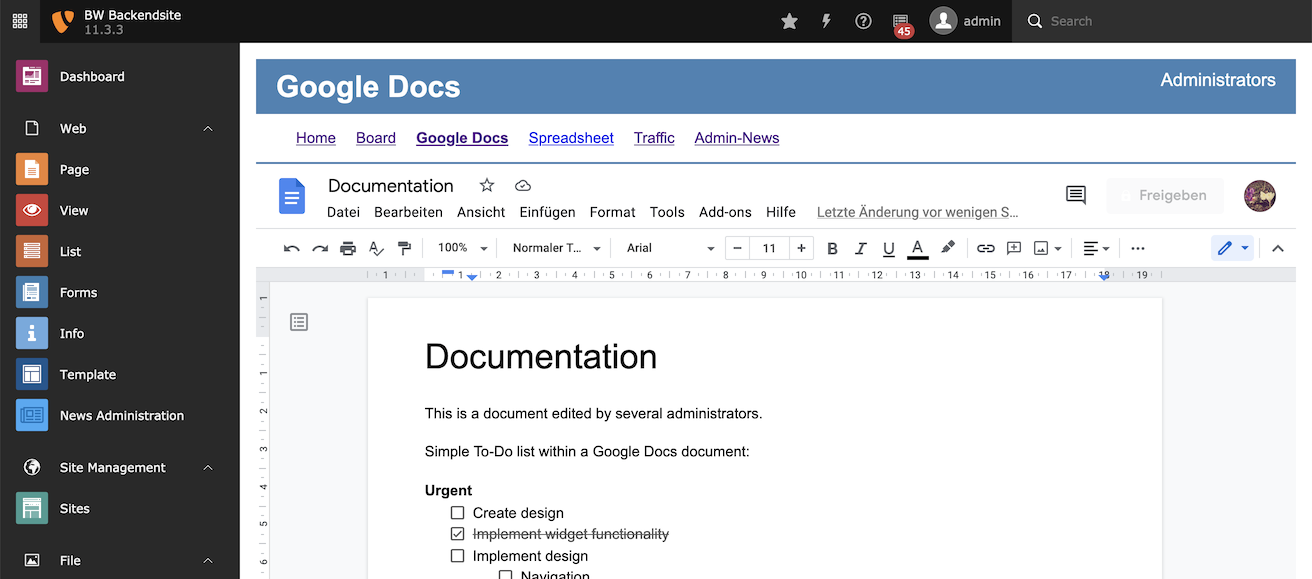Screenshot of a page with an open Google Docs document with a Todo list