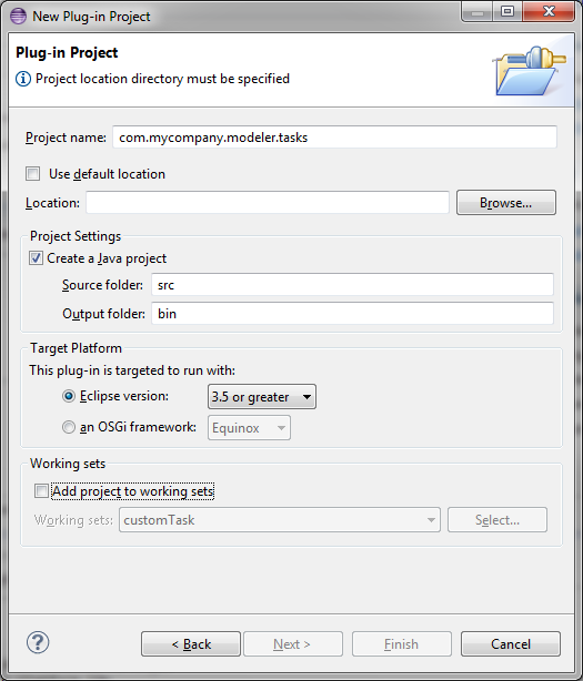 The new plug-in project dialog