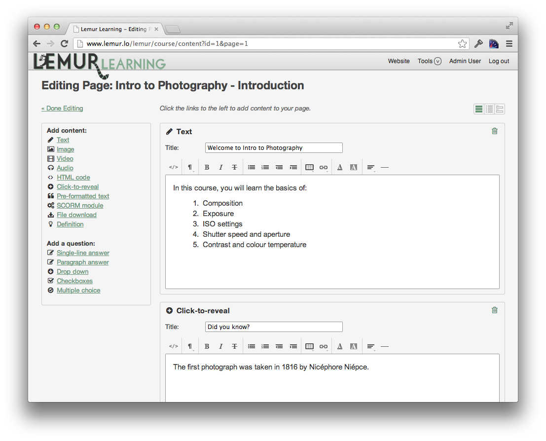 Lemur Learning course editor