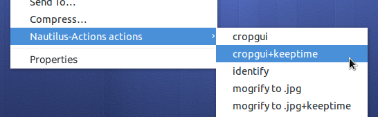 Cropped screenshot of having keeptime as option in Nautilus Actions' context menu