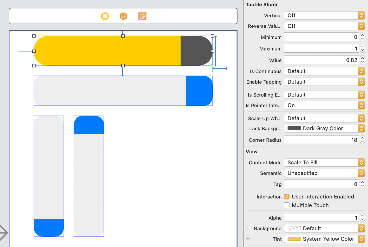 screenshot of Xcode Interface Builder demonstrating a TactileSlider being customized using the graphical interface