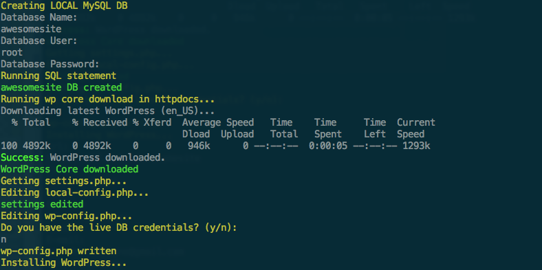 Installs latest version of WP via WP-CLI. alt text