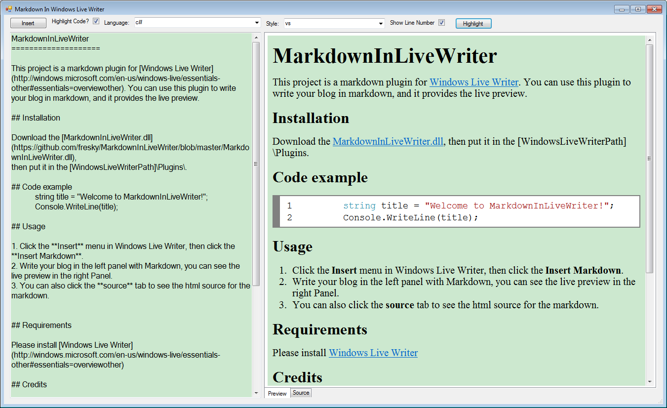windowslivewriter的markdown插件markdowninlivewriter支持语法高亮