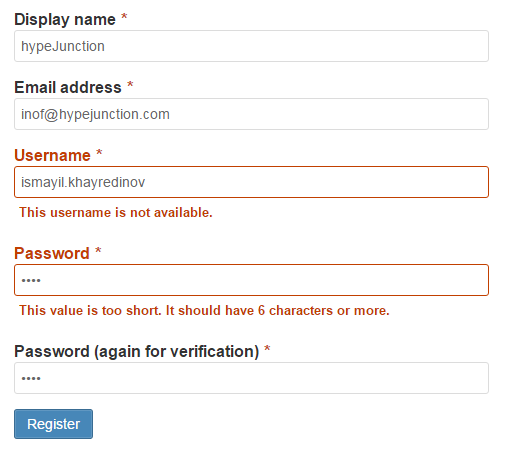 Default Registration form with validation