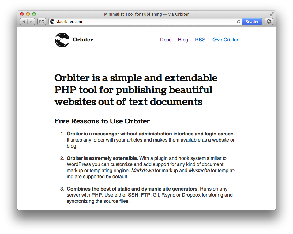 Screenshot of a website create with Orbiter