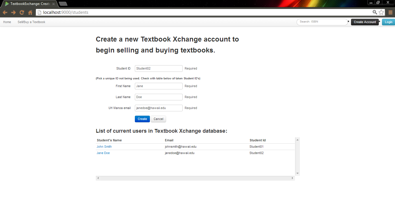Create Account page