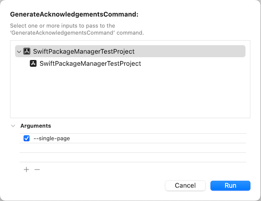 Generate Acknowledgements command dialog in Xcode