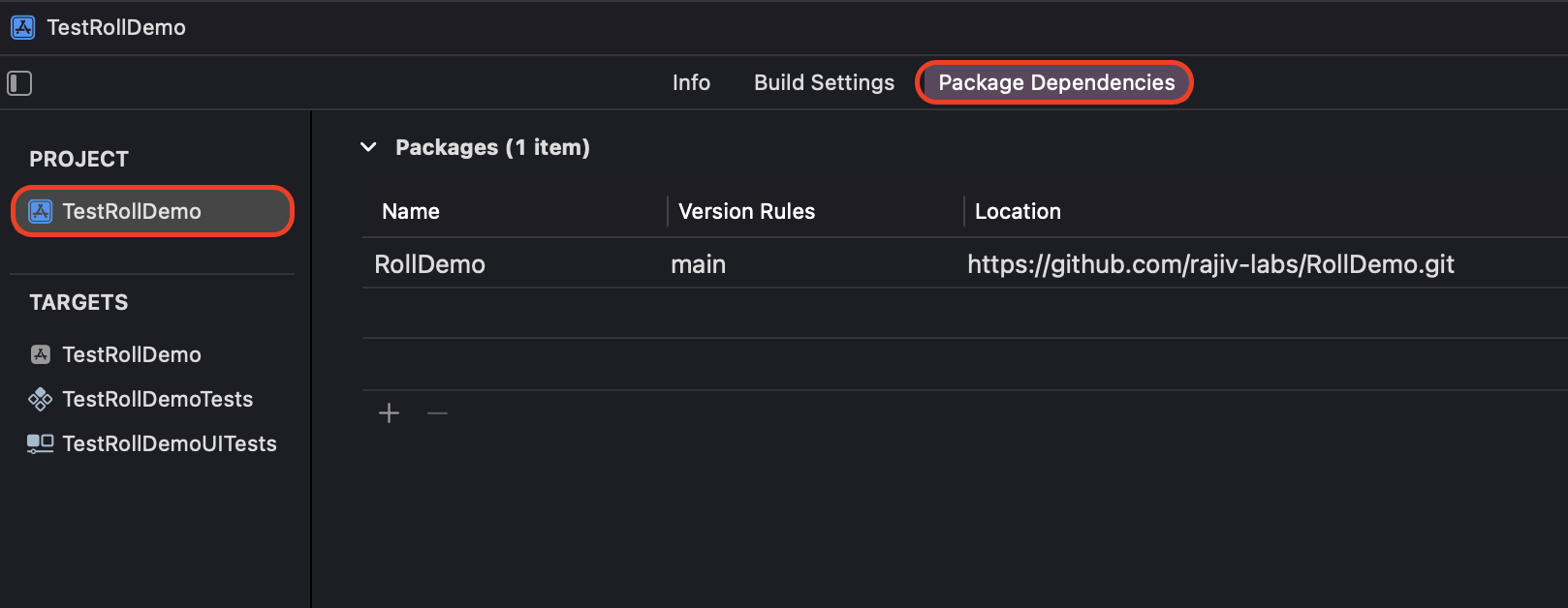Adding Roll Demo as a dependency to you project in Xcode