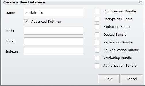 Advanced Settings are available permitting an override of database, log, and index locations.